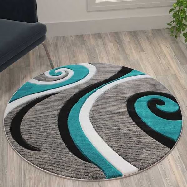 Turquoise 4' x 4' Modern Plush Abstract Area Rug, Flash Furniture, Mfr#: KP-RG951-44-TQ-GG